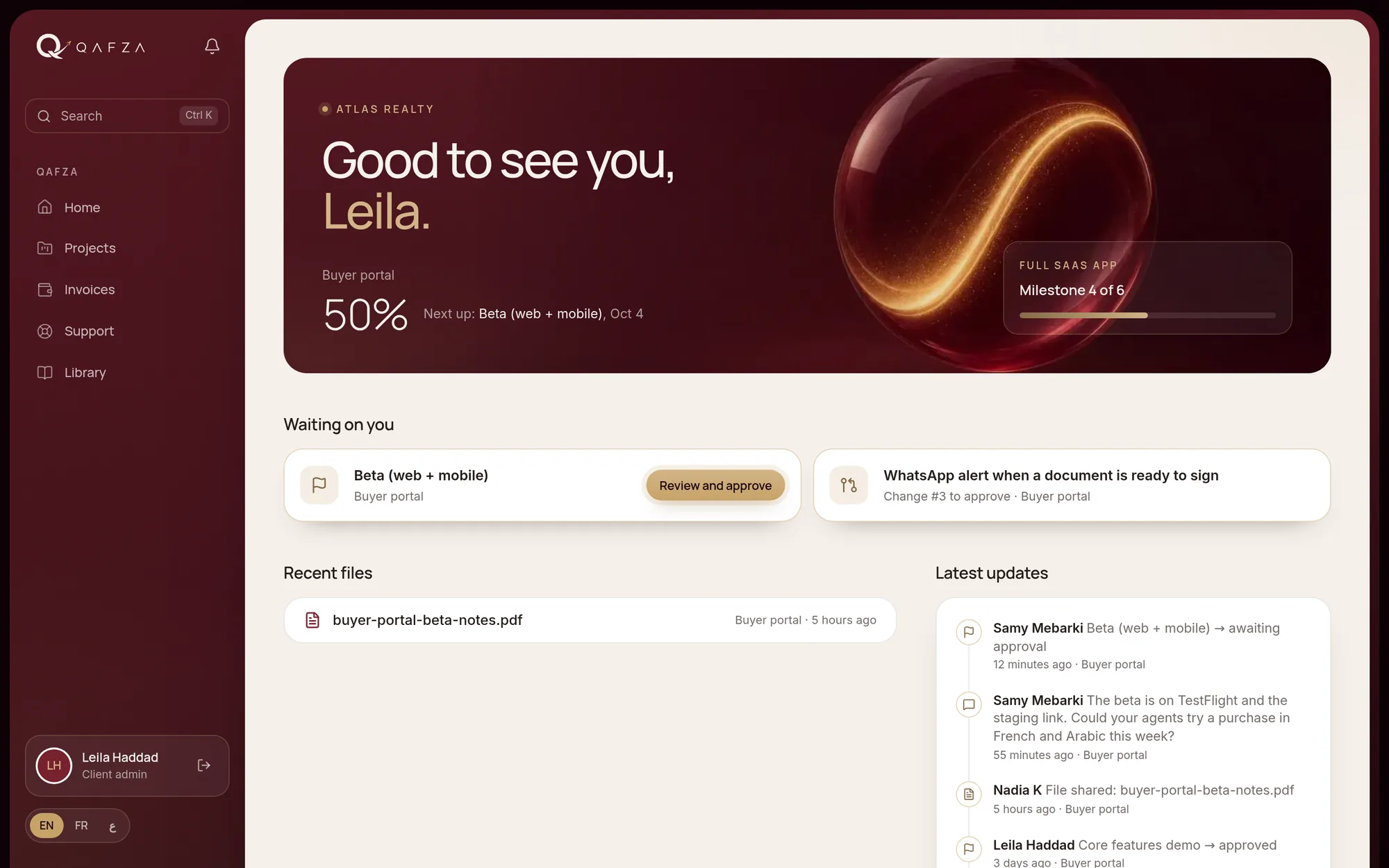 The client home in the Qafza portal