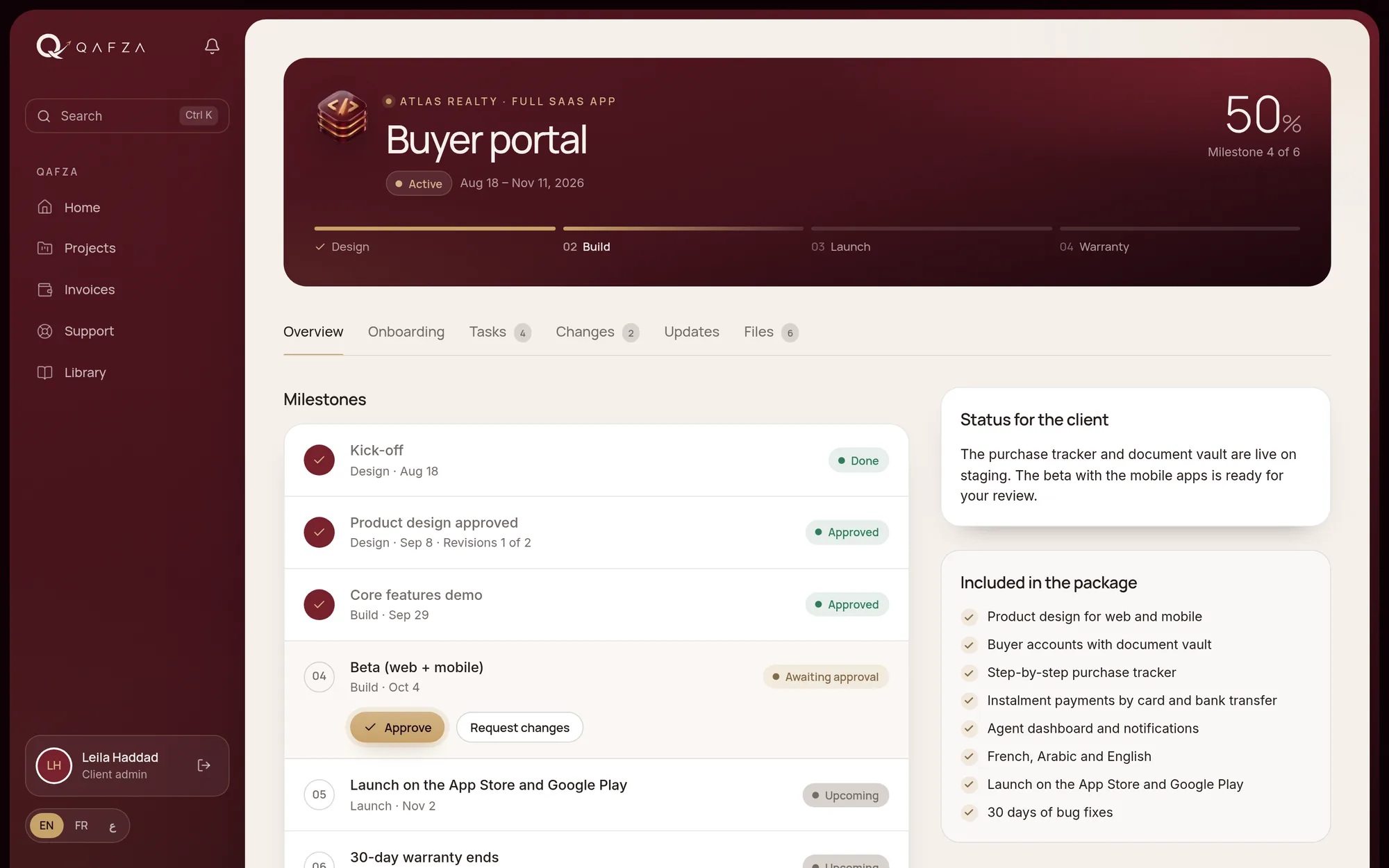 The client home in the Qafza portal